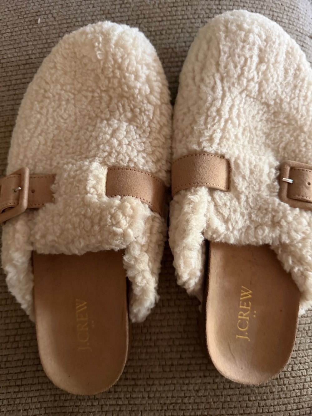 J. Crew Cream Sherpa Slide Mules with Tan Leather Buckles